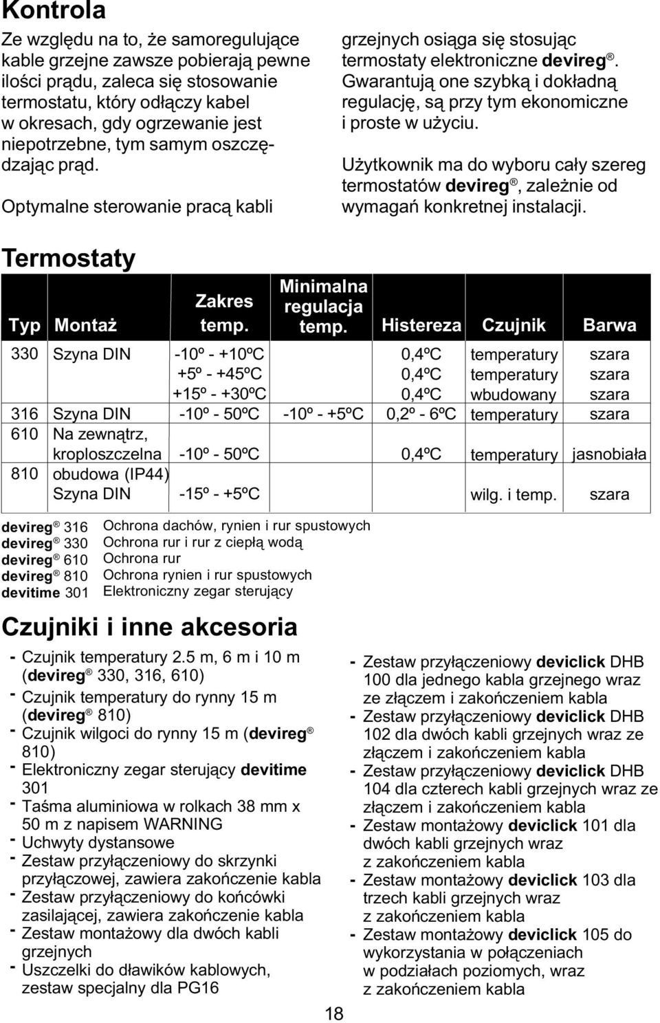 Gwarantuj¹ one szybk¹ i dok³adn¹ regulacjê, s¹ przy tym ekonomiczne i proste w u yciu. U ytkownik ma do wyboru ca³y szereg termostatów devireg, zale nie od wymagañ konkretnej instalacji.