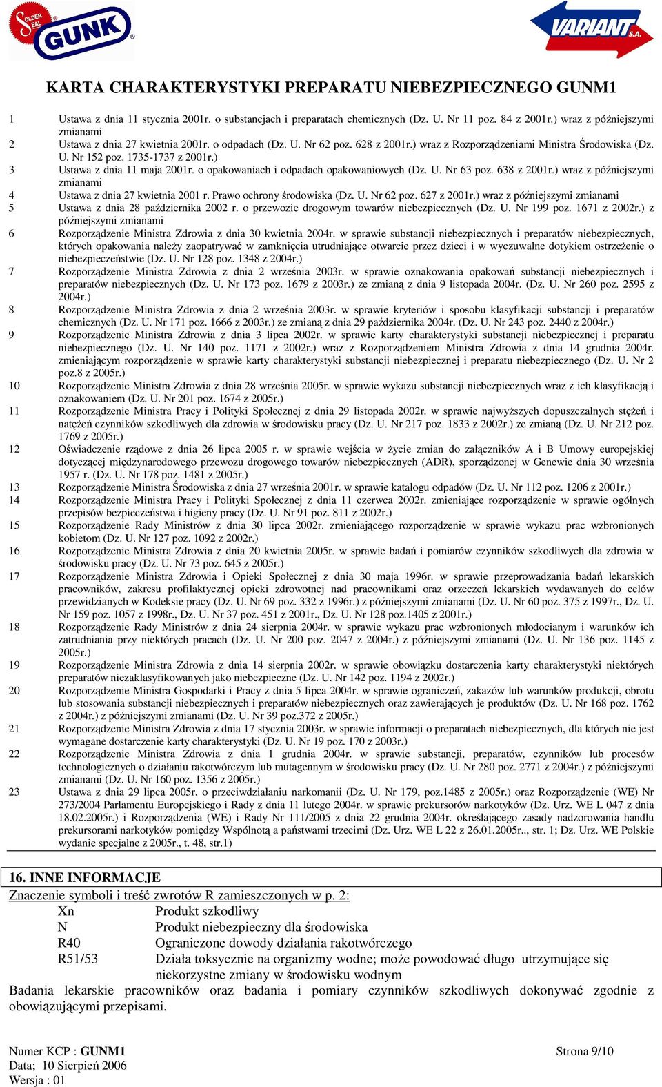 638 z 2001r.) wraz z późniejszymi zmianami 4 Ustawa z dnia 27 kwietnia 2001 r. Prawo ochrony środowiska (Dz. U. Nr 62 poz. 627 z 2001r.