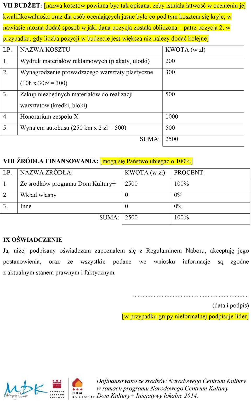 Wydruk materiałów reklamowych (plakaty, ulotki) 200 2. Wynagrodzenie prowadzącego warsztaty plastyczne 300 (10h x 30zł = 300) 3.