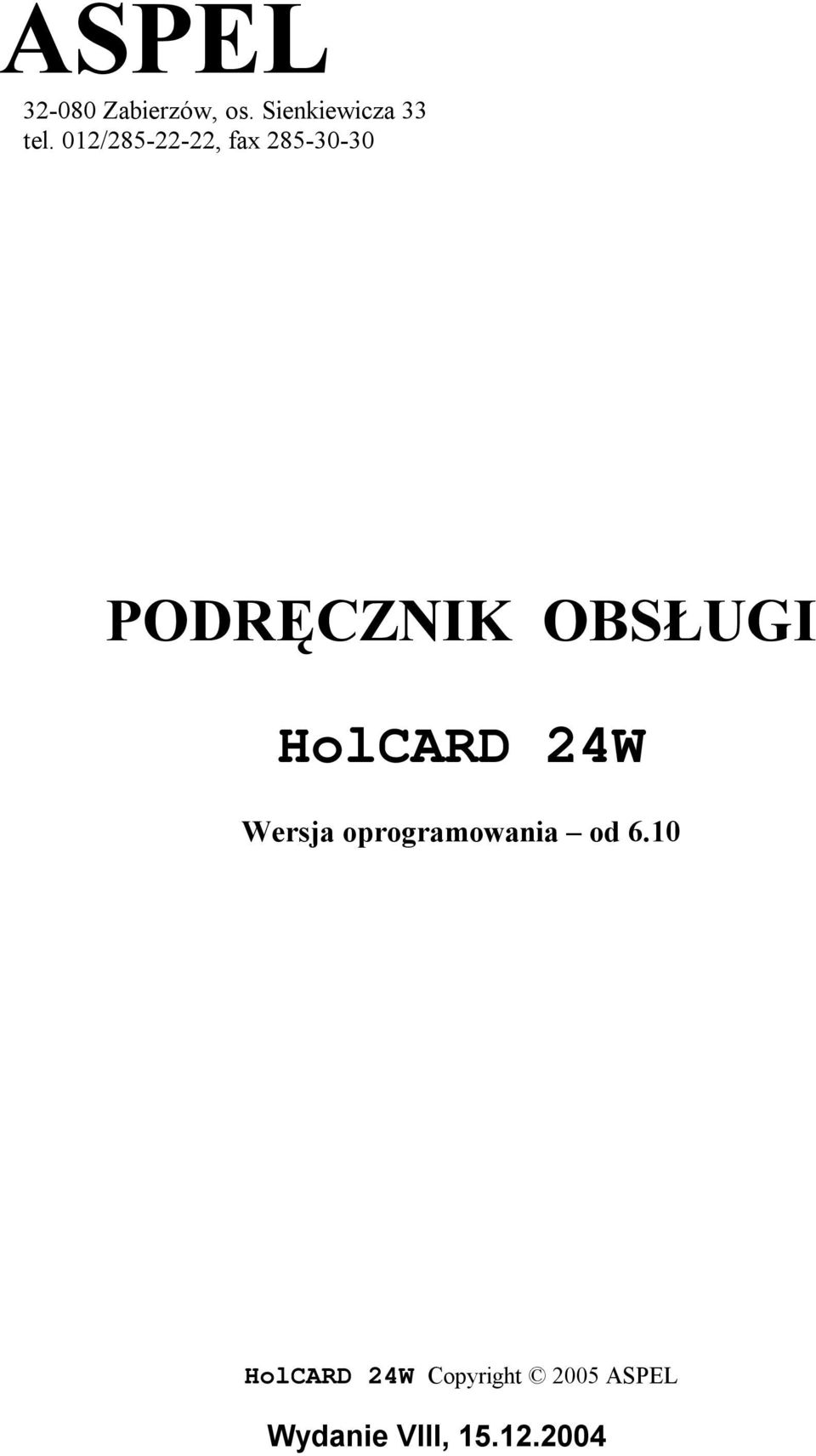 HolCARD 24W Wersja oprogramowania od 6.