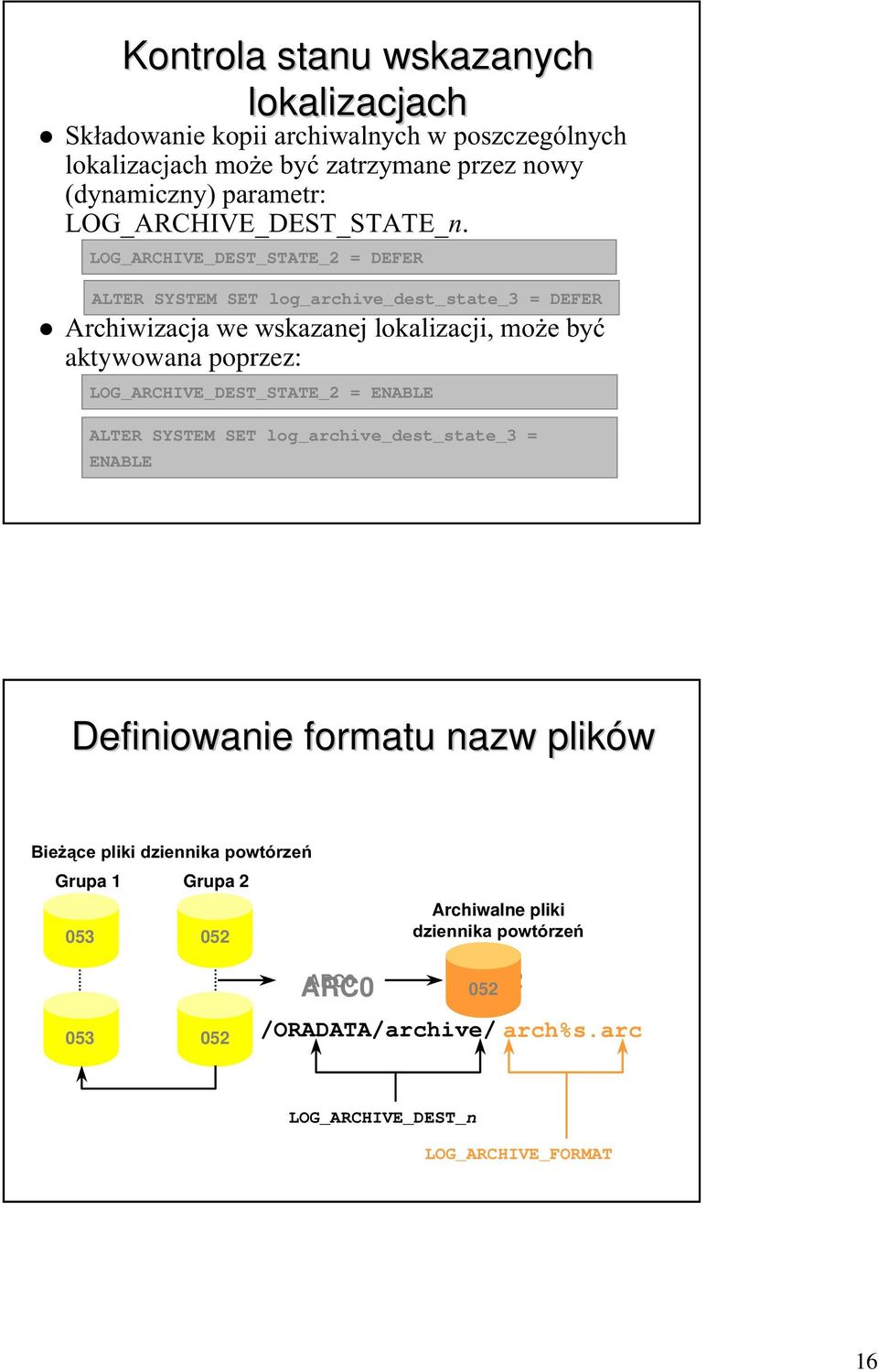 aktywowana poprzez: LOG_ARCHIVE_DEST_STATE_2 = ENABLE ALTER SYSTEM SET log_archive_dest_state_3 = ENABLE Definiowanie formatu nazw plików