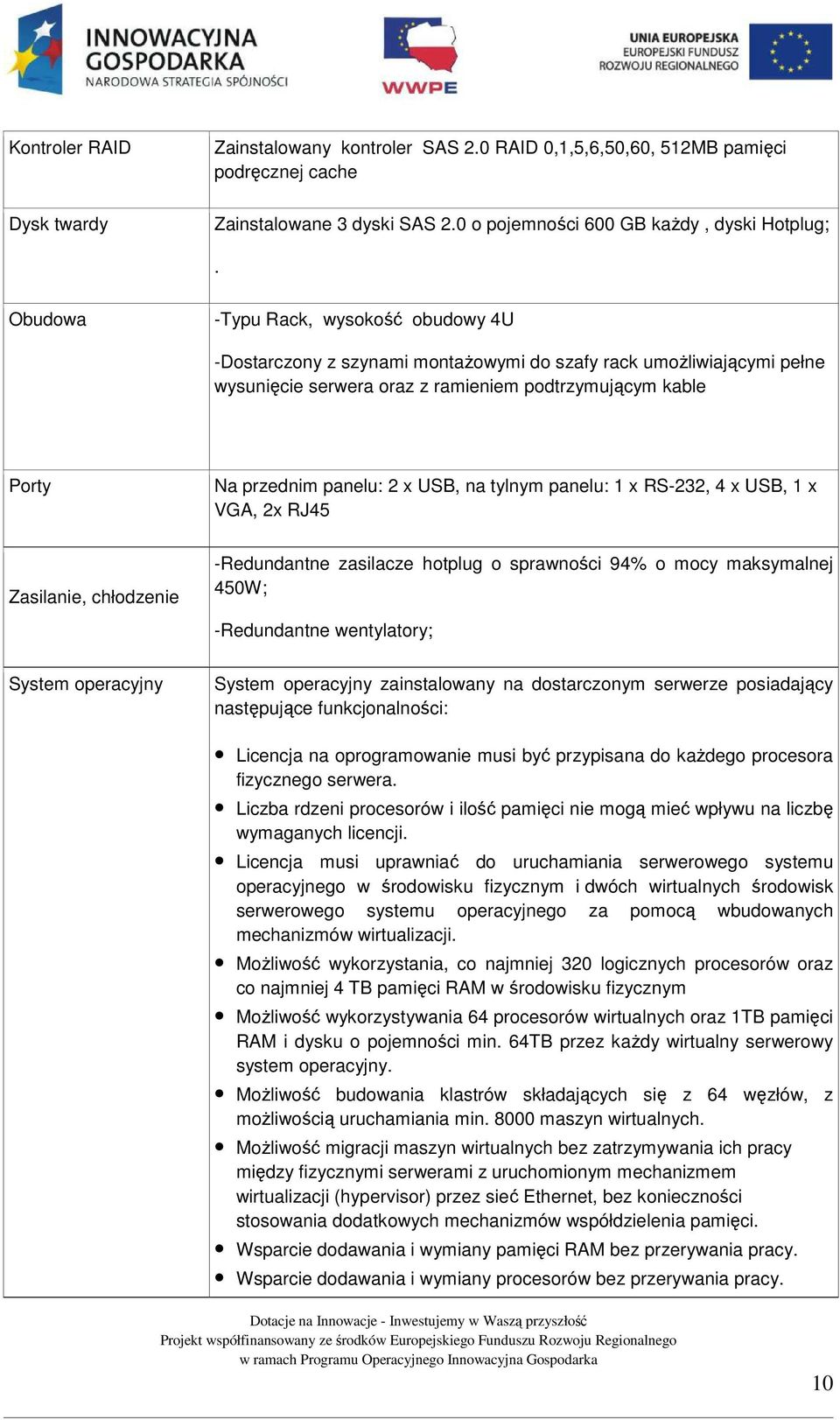 USB, na tylnym panelu: 1 x RS-232, 4 x USB, 1 x VGA, 2x RJ45 Zasilanie, chłodzenie -Redundantne zasilacze hotplug o sprawności 94% o mocy maksymalnej 450W; -Redundantne wentylatory; System operacyjny