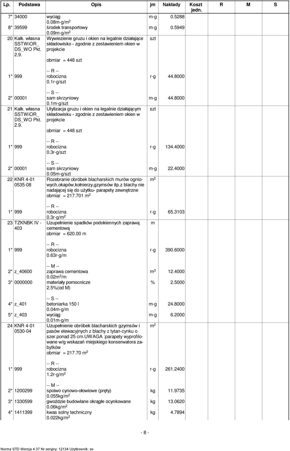 własna Utylizacja gruzu i okien na legalnie działającym składowisku - zgodnie z zestawieniem okien w projekcie obmiar = 448 szt 0.3r-g/szt 2* 00001 sam skrzyniowy 0.