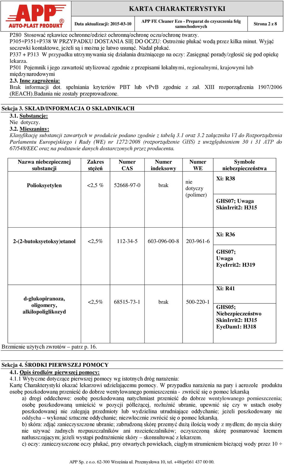 P501 Pojemnik i jego zawartość utylizować zgodnie z przepisami lokalnymi, regionalnymi, krajowymi lub międzynarodowymi 2.3. Inne zagrożenia: Brak informacji dot.