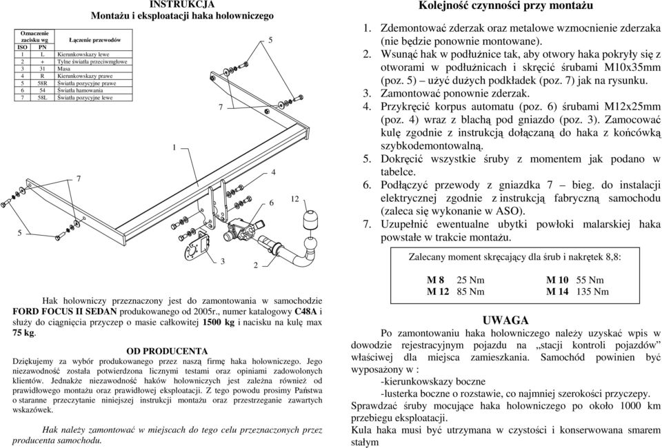 , numer katalogowy C48A i słuŝy do ciągnięcia przyczep o masie całkowitej 100 kg i nacisku na kulę max kg. OD PRODUCENTA Dziękujemy za wybór produkowanego przez naszą firmę haka holowniczego.