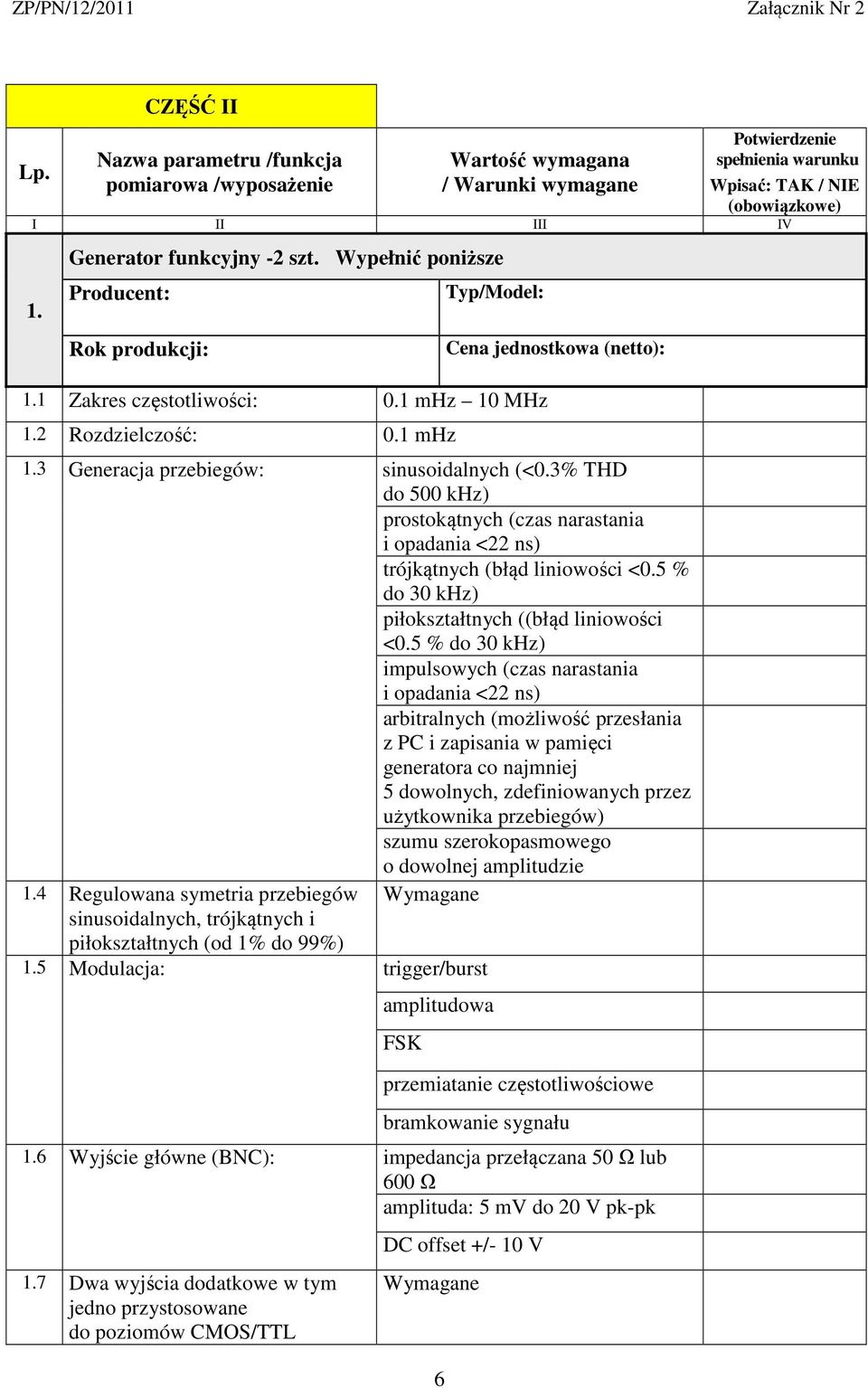 5 % do 30 khz) impulsowych (czas narastania i opadania <22 ns) arbitralnych (możliwość przesłania z PC i zapisania w pamięci generatora co najmniej 5 dowolnych, zdefiniowanych przez użytkownika