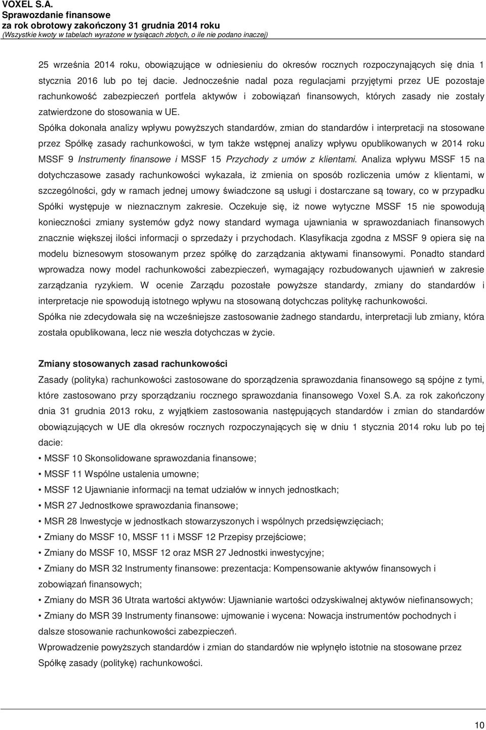 Spółka dokonała analizy wpływu powyższych standardów, zmian do standardów i interpretacji na stosowane przez Spółkę zasady rachunkowości, w tym także wstępnej analizy wpływu opublikowanych w 2014