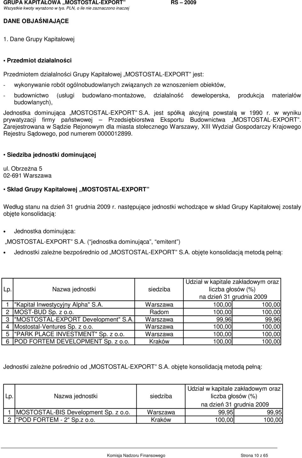 (usługi budowlano-montaŝowe, działalność deweloperska, produkcja materiałów budowlanych), Jednostka dominująca MOSTOSTAL-EXPORT S.A. jest spółką akcyjną powstałą w 1990 r.
