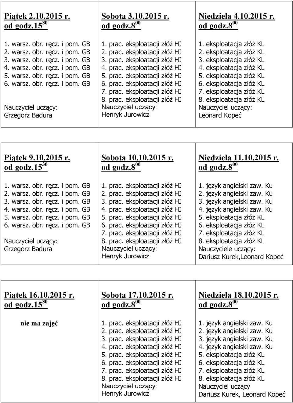 10.2015 r. nie ma zajęć Sobota 17.10.2015 r. Niedziela 18.10.2015 r. Nauczyciel uczący Dariusz Kurek,