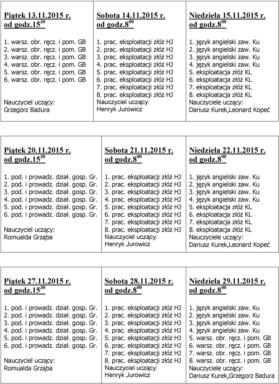 11.2015 r. 2. pod. i prowadz. dział. gosp. Gr. 3. pod. i prowadz. dział. gosp. Gr. 4. pod. i prowadz. dział. gosp. Gr. Sobota 28.