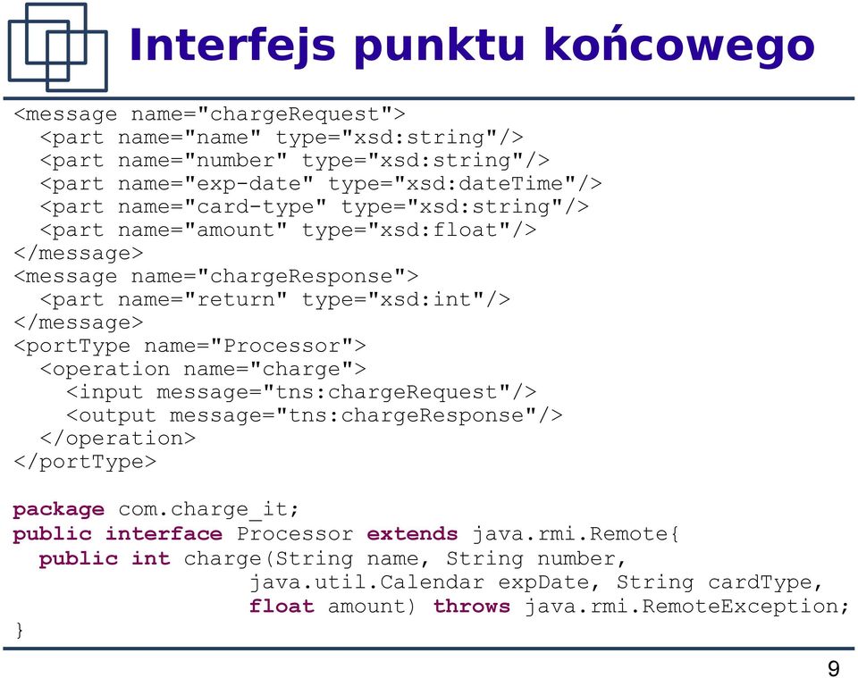 <porttype name="processor"> <operation name="charge"> <input message="tns:chargerequest"/> <output message="tns:chargeresponse"/> </operation> </porttype> package com.