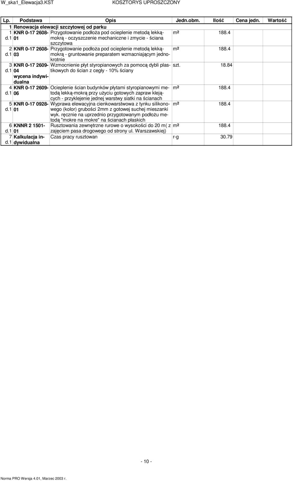 1 01 7 Kalkulacja indywidualna d.1 2 KNR 0-17 2608- Przygotowanie podłoża pod ocieplenie metodą lekkąmokrą - gruntowanie preparatem wzmacniającym d.