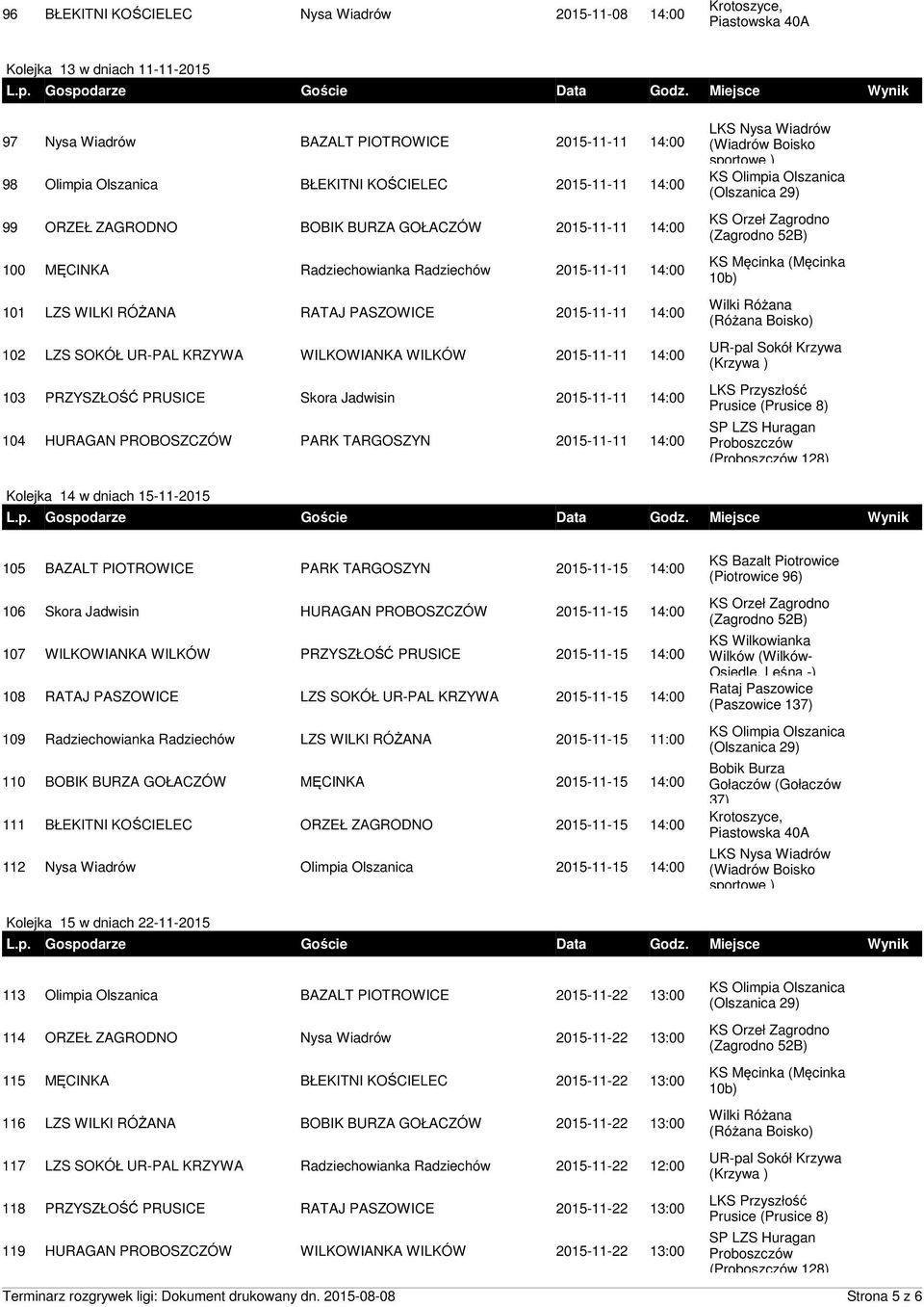 WILKÓW 2015-11-11 14:00 103 PRZYSZŁOŚĆ PRUSICE Skora Jadwisin 2015-11-11 14:00 104 HURAGAN PROBOSZCZÓW PARK TARGOSZYN 2015-11-11 14:00 Kolejka 14 w dniach 15-11-2015 105 BAZALT PIOTROWICE PARK