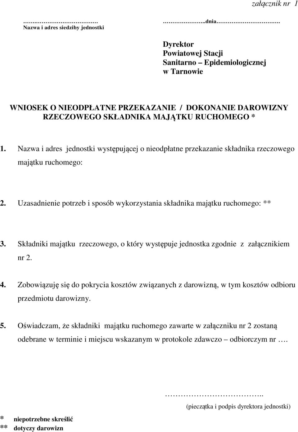 Nazwa i adres jednostki występującej o nieodpłatne przekazanie składnika rzeczowego majątku ruchomego: 2. Uzasadnienie potrzeb i sposób wykorzystania składnika majątku ruchomego: ** 3.