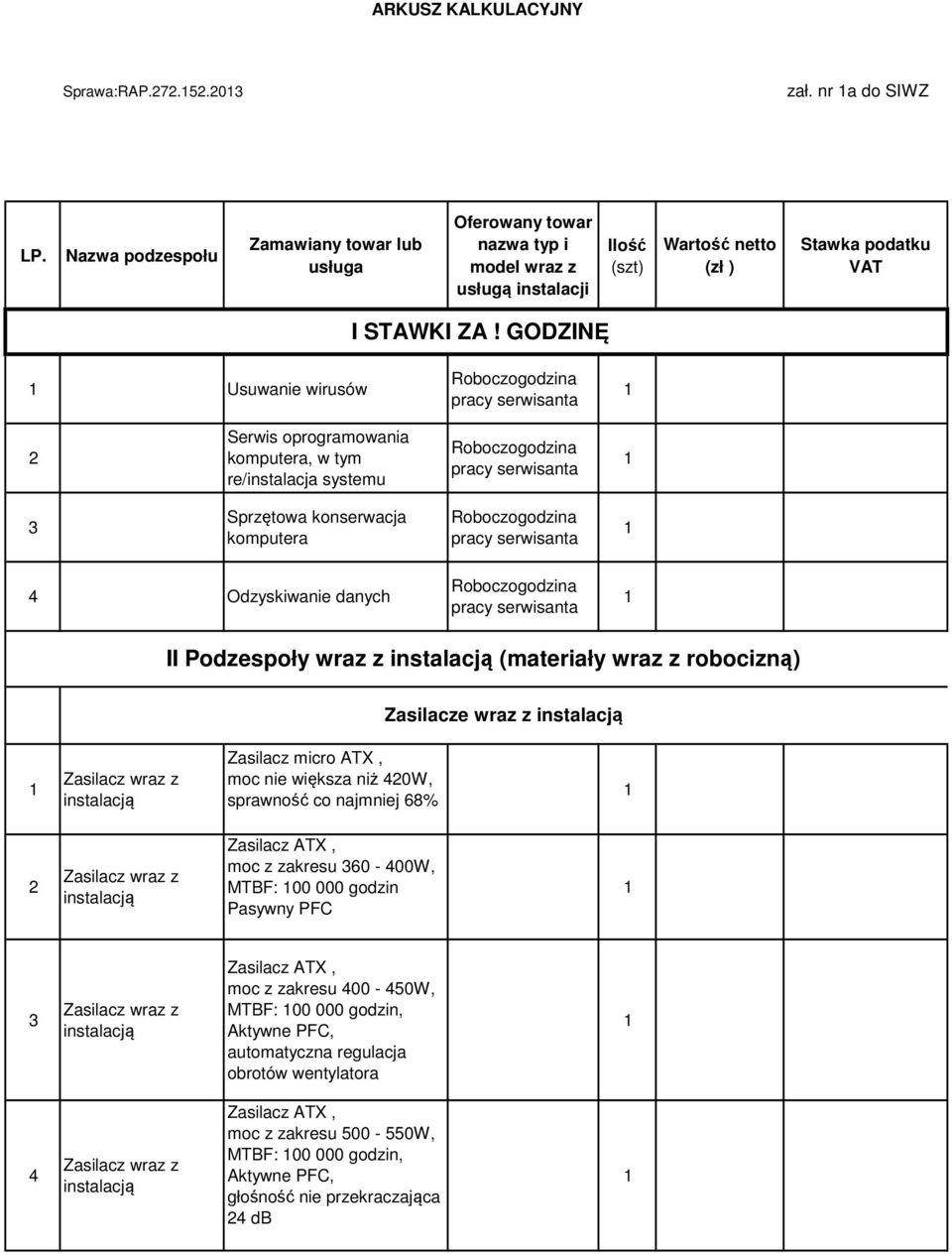 GODZINĘ Usuwanie wirusów 2 Serwis oprogramowania komputera, w tym re/instalacja systemu 3 Sprzętowa konserwacja komputera 4 Odzyskiwanie danych II Podzespoły wraz z (materiały wraz z