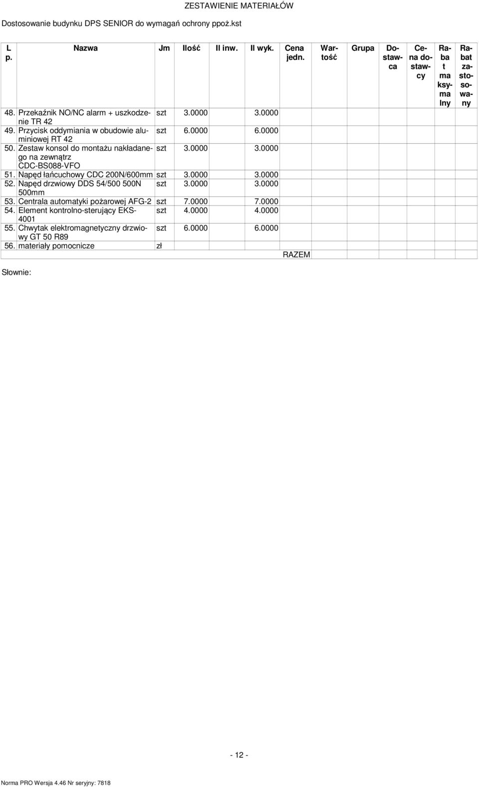 Napęd drzwiowy DDS 54/500 500N szt 3.0000 3.0000 500 53. Centrala autoatyki pożarowej AFG- szt 7.0000 7.0000 54. Eleent kontrolno-sterujący EKS- szt 4.0000 4.0000 400 55.