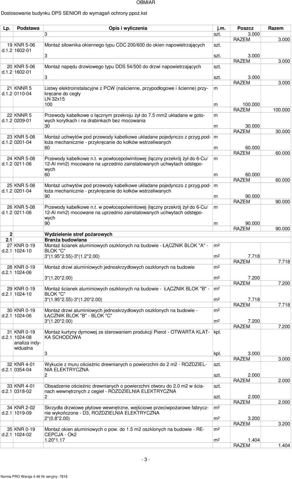 000 KNNR 5 Listwy elektroinstalacyjne z PCW (naścienne, przypodłogowe i ścienne) przykręcane 00-04 do cegły LN 3x5 00 00.000 RAZEM 00.000 KNNR 5 Przewody kabelkowe o łączny przekroju żył do 7.