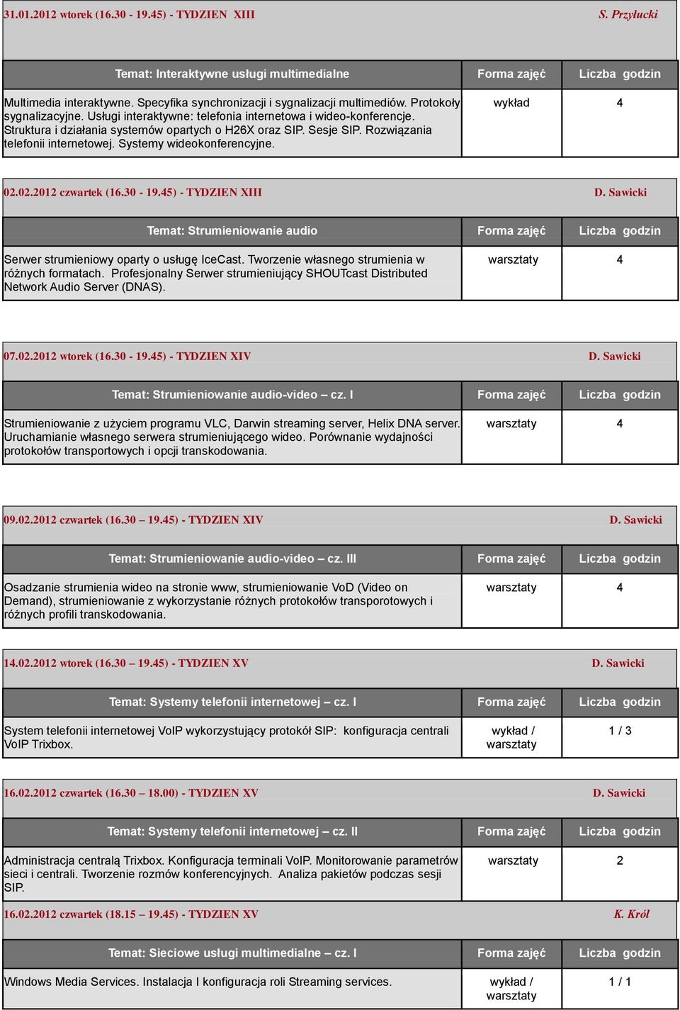 Sesje SIP. Rozwiązania telefonii internetowej. Systemy wideokonferencyjne. 02.02.2012 czwartek (16.30-19.45) - TYDZIEN XIII D.