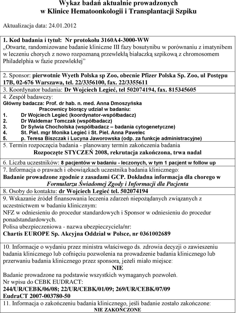 szpikową z chromosomem Philadelphia w fazie przewlekłej 2. Sponsor: pierwotnie Wyeth Polska sp Zoo, obecnie Pfizer Polska Sp. Zoo, ul Postępu 17B, 02-676 Warszawa, tel. 22/3356100, fax. 22/3355611 3.