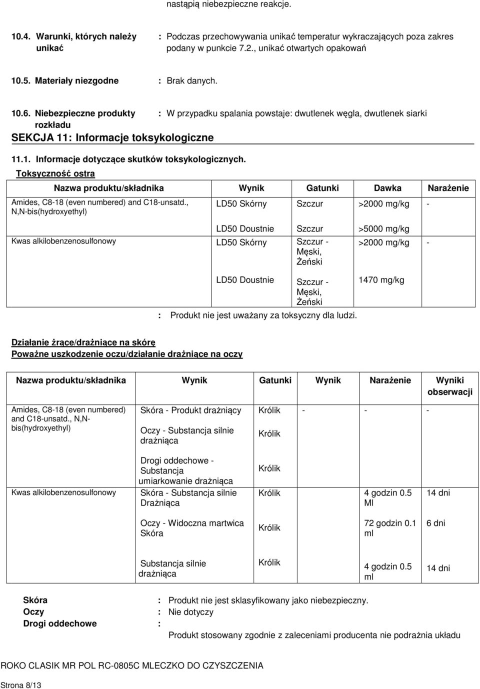 Toksyczność ostra : W przypadku spalania powstaje: dwutlenek węgla, dwutlenek siarki Nazwa produktu/składnika Wynik Gatunki Dawka Narażenie Amides, C8-18 (even numbered) and C18-unsatd.