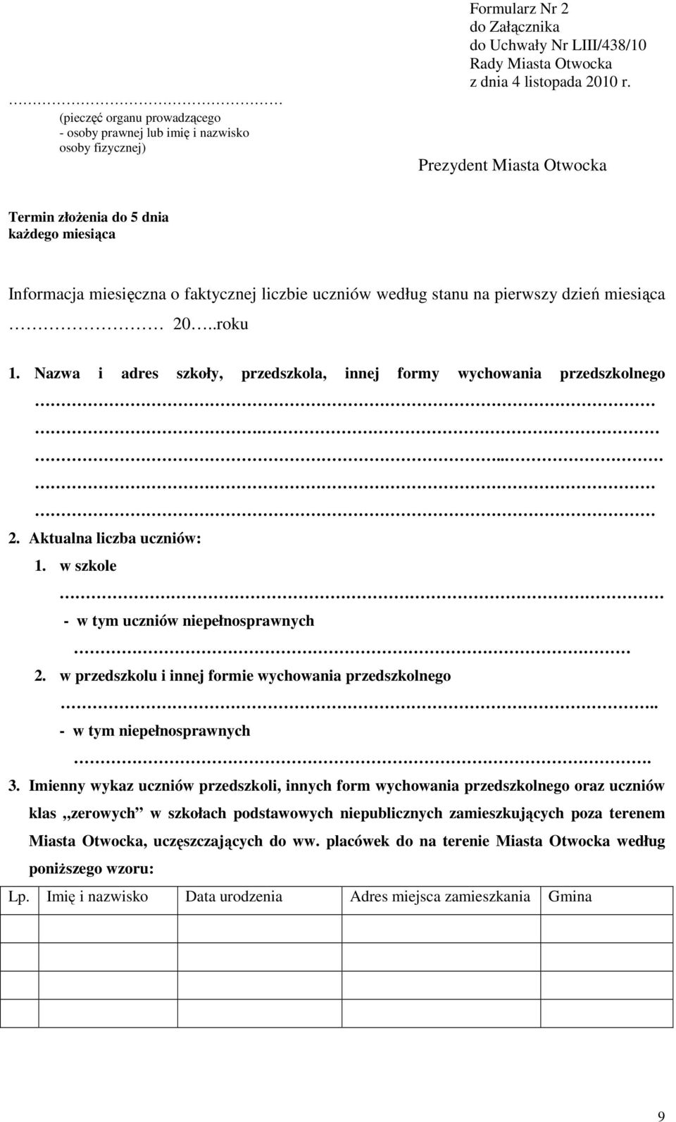 Nazwa i adres szkoły, przedszkola, innej formy wychowania przedszkolnego... 2. Aktualna liczba uczniów: 1. w szkole - w tym uczniów niepełnosprawnych 2.