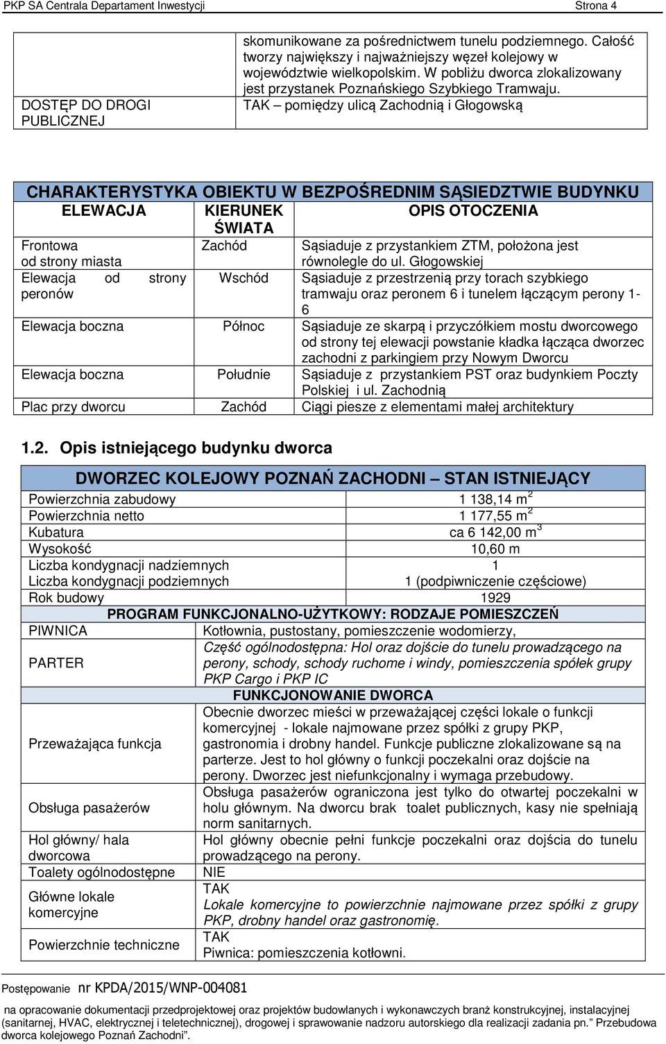 pomiędzy ulicą Zachodnią i Głogowską CHARAKTERYSTYKA OBIEKTU W BEZPOŚREDNIM SĄSIEDZTWIE BUDYNKU ELEWACJA KIERUNEK ŚWIATA OPIS OTOCZENIA Frontowa od strony miasta Elewacja od strony peronów Zachód