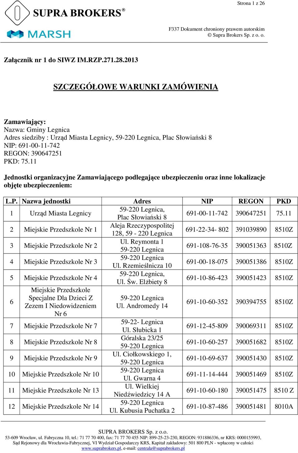 11 Jednostki organizacyjne Zamawiającego podlegające ubezpieczeniu oraz inne lokalizacje objęte ubezpieczeniem: L.P.