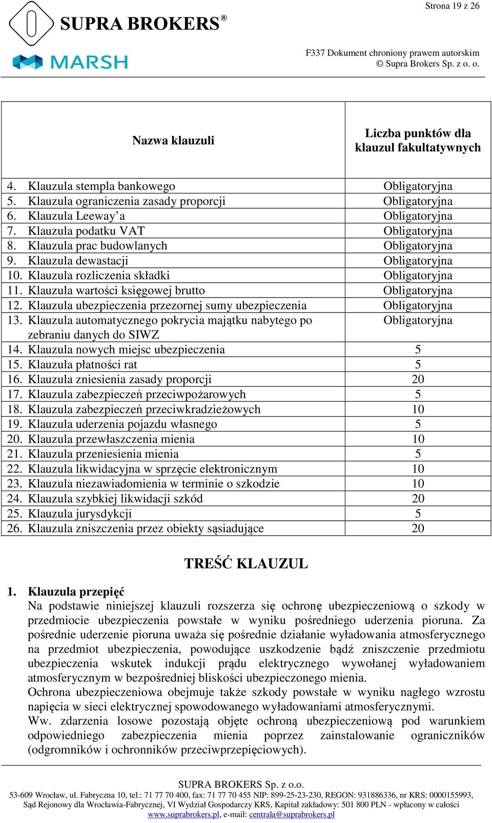 Klauzula wartości księgowej brutto Obligatoryjna 12. Klauzula ubezpieczenia przezornej sumy ubezpieczenia Obligatoryjna 13.