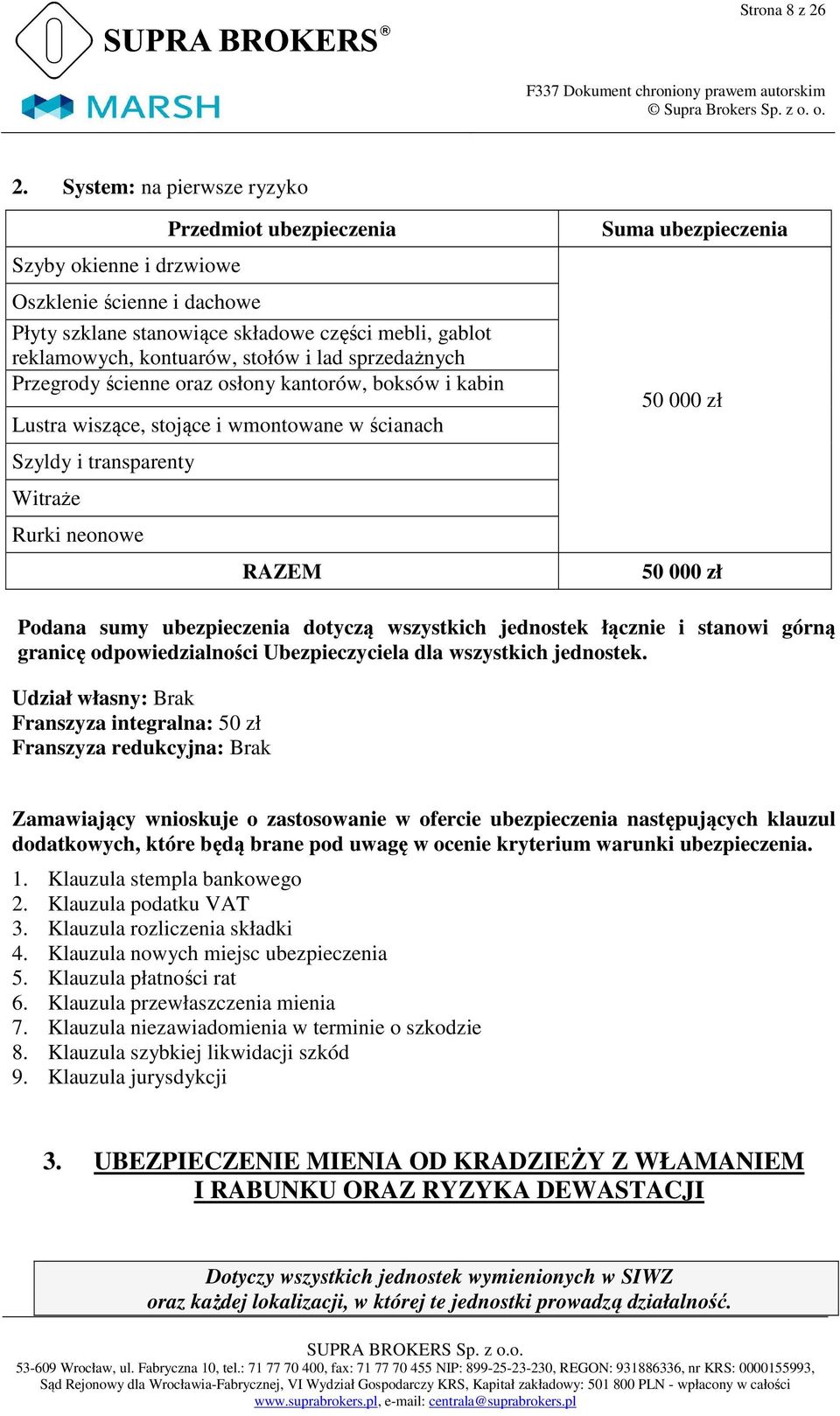 sprzedażnych Przegrody ścienne oraz osłony kantorów, boksów i kabin Lustra wiszące, stojące i wmontowane w ścianach Szyldy i transparenty Witraże Rurki neonowe RAZEM Suma ubezpieczenia 50 000 zł 50