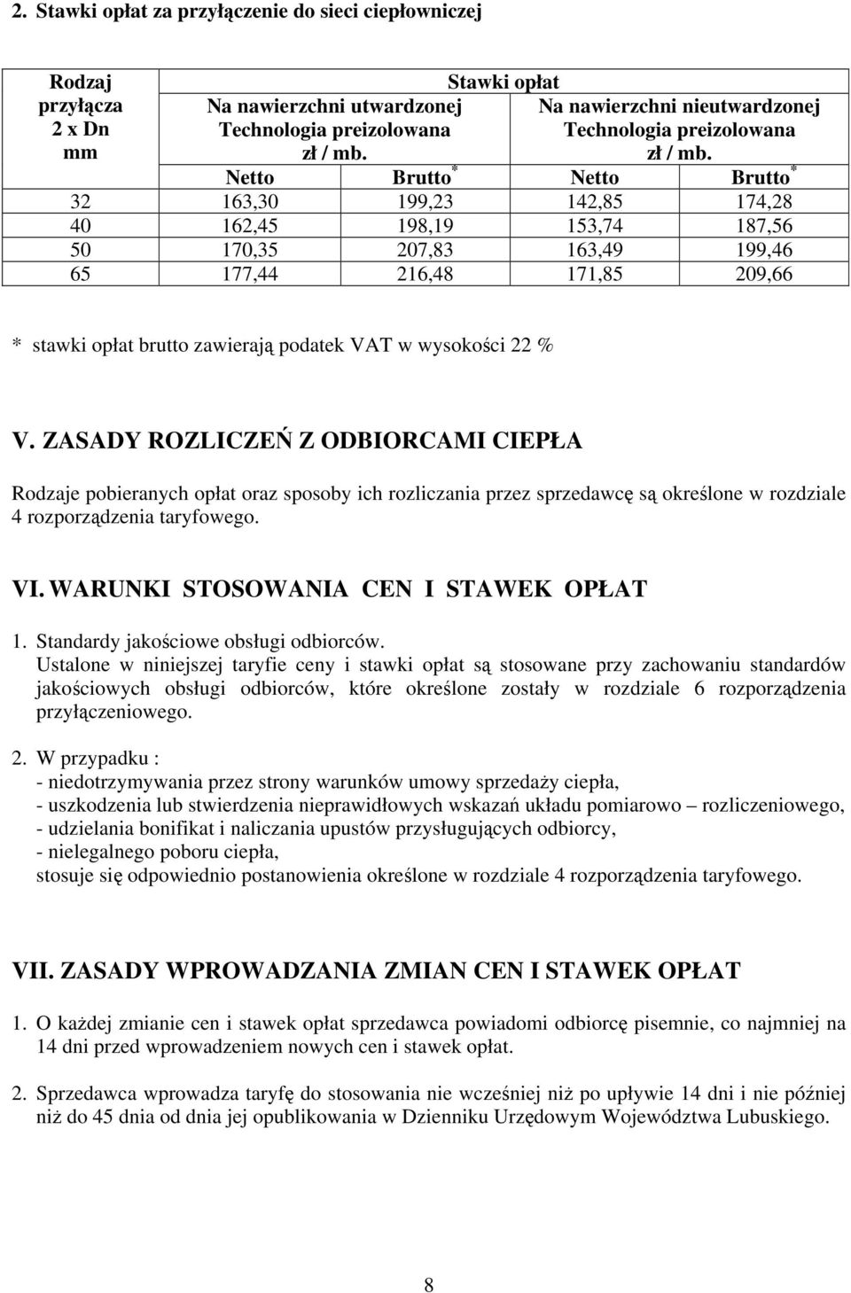 Brutto * Brutto * 32 163,30 199,23 12,85 17,28 0 162,5 198,19 153,7 187,56 50 170,35 207,83 163,9 199,6 65 177, 216,8 171,85 209,66 * stawki opłat brutto zawierają podatek VAT w wysokości 22 % V.