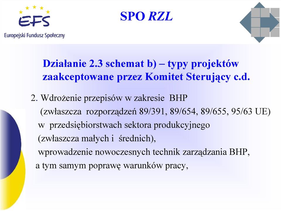 Wdrożenie przepisów w zakresie BHP (zwłaszcza rozporządzeń 89/391, 89/654, 89/655,