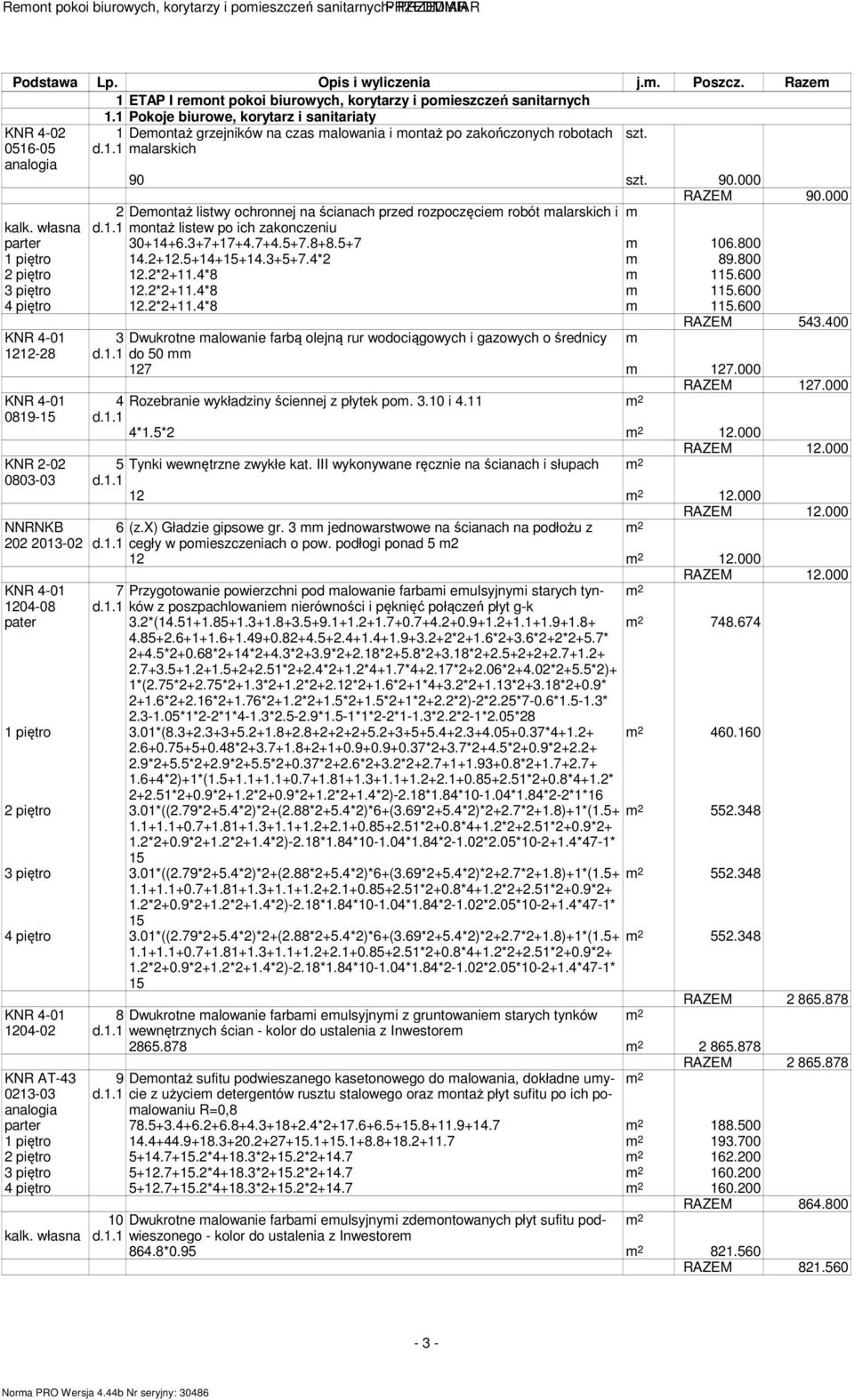 000 2 Demontaż listwy ochronnej na ścianach przed rozpoczęciem robót malarskich i m kalk. własna montaż listew po ich zakonczeniu parter 30+14+6.3+7+17+4.7+4.5+7.8+8.5+7 m 106.800 1 piętro 14.2+12.