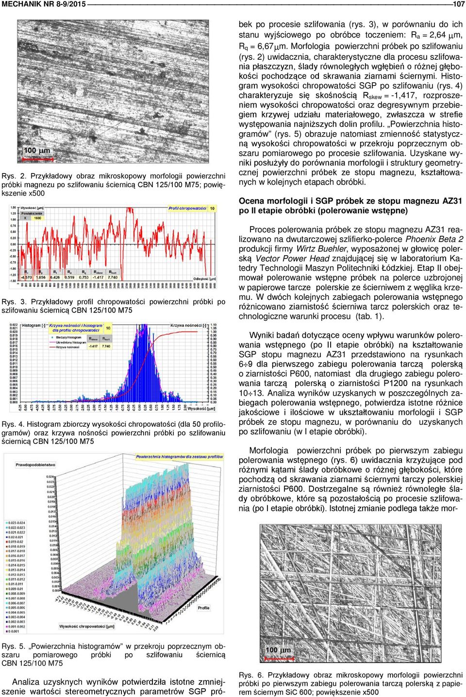 Histogram zbiorczy wysokości chropowatości (dla 50 profilogramów) oraz krzywa nośności powierzchni próbki po szlifowaniu ściernicą CBN 125/100 M75 Analiza uzysknych wyników potwierdziła istotne