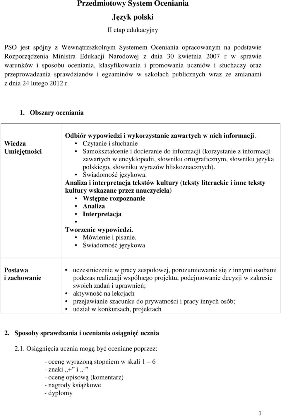 lutego 2012 r. 1. Obszary oceniania Wiedza Umiejętności Odbiór wypowiedzi i wykorzystanie zawartych w nich informacji.