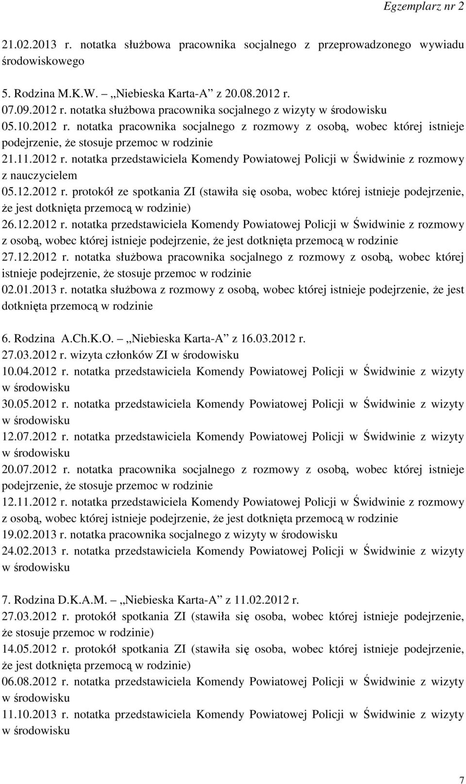 12.2012 r. protokół ze spotkania ZI (stawiła się osoba, wobec której istnieje podejrzenie, że jest dotknięta przemocą w rodzinie) 26.12.2012 r. notatka przedstawiciela Komendy Powiatowej Policji w Świdwinie z rozmowy z osobą, wobec której istnieje podejrzenie, że jest dotknięta przemocą w rodzinie 27.