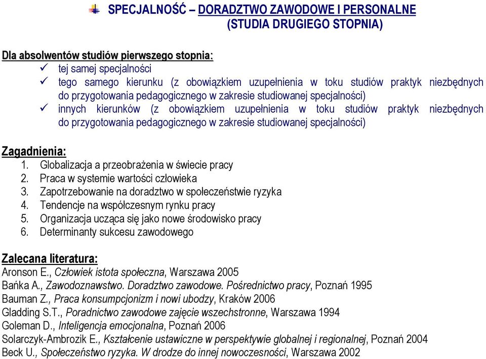, Zawodoznawstwo. Doradztwo zawodowe. Pośrednictwo pracy, Poznań 1995 Bauman Z., Praca konsumpcjonizm i nowi ubodzy, Kraków 2006 Gladding S.T.
