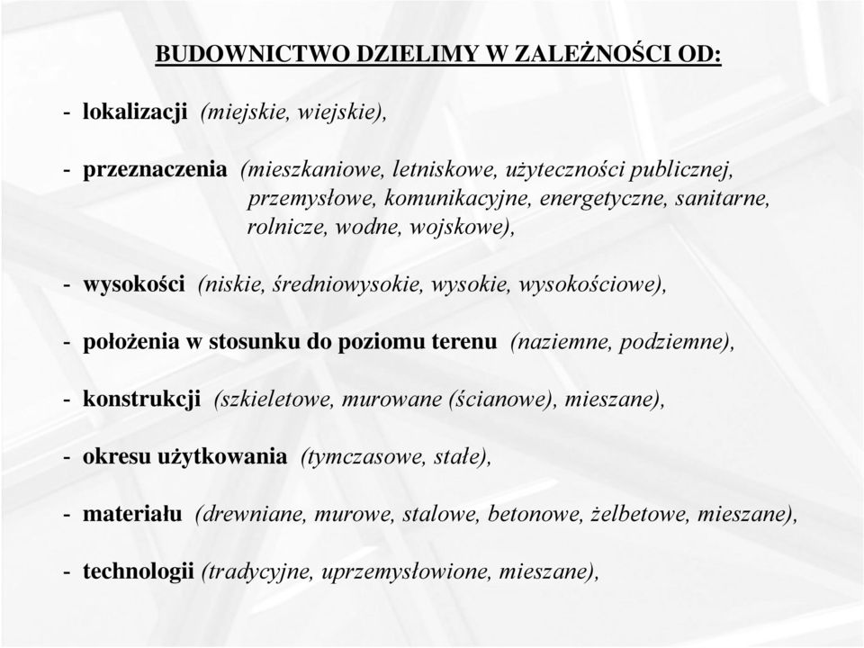 wysokościowe), - położenia w stosunku do poziomu terenu (naziemne, podziemne), - konstrukcji (szkieletowe, murowane (ścianowe), mieszane), -