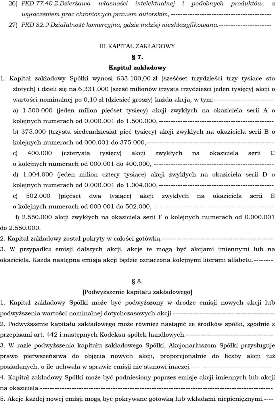 100,00 zł (sześćset trzydzieści trzy tysiące sto złotych) i dzieli się na 6.331.