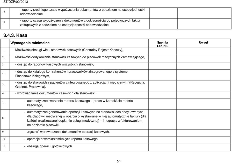 osoby/jednostki odpowiedzialne 3.4.3. Kasa Wymagania minimalne 1. Możliwość obsługi wielu stanowisk kasowych (Centralny Rejestr Kasowy), 2.
