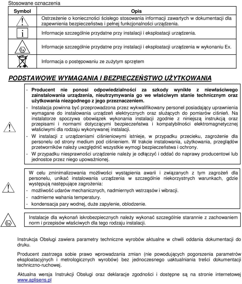 Informacja o postępowaniu ze zuŝytym sprzętem PODSTAWOWE WYMAGANIA I BEZPIECZEŃSTWO UśYTKOWANIA - Producent nie ponosi odpowiedzialności za szkody wynikłe z niewłaściwego zainstalowania urządzenia,