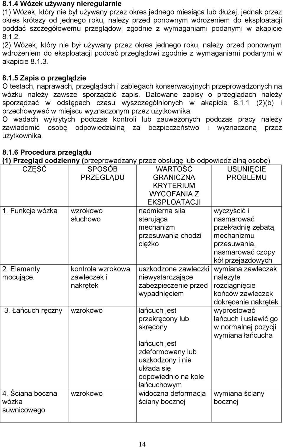 (2) Wózek, który nie był używany przez okres jednego roku, należy przed ponownym wdrożeniem do eksploatacji poddać przeglądowi zgodnie z wymaganiami podanymi w akapicie 8.1.