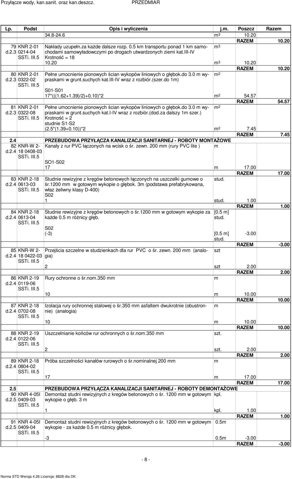39)/2)+0.10)*2 2 54.57 3 RAZEM 54.57 Pełne uocnienie pionowych ścian wykopów liniowych o głębok.do 3.0 wypraskai 2 w grunt.suchych kat.i-iv wraz z rozbiór.(dod.za dalszy 1 szer.) studnie S1-S2 (2.