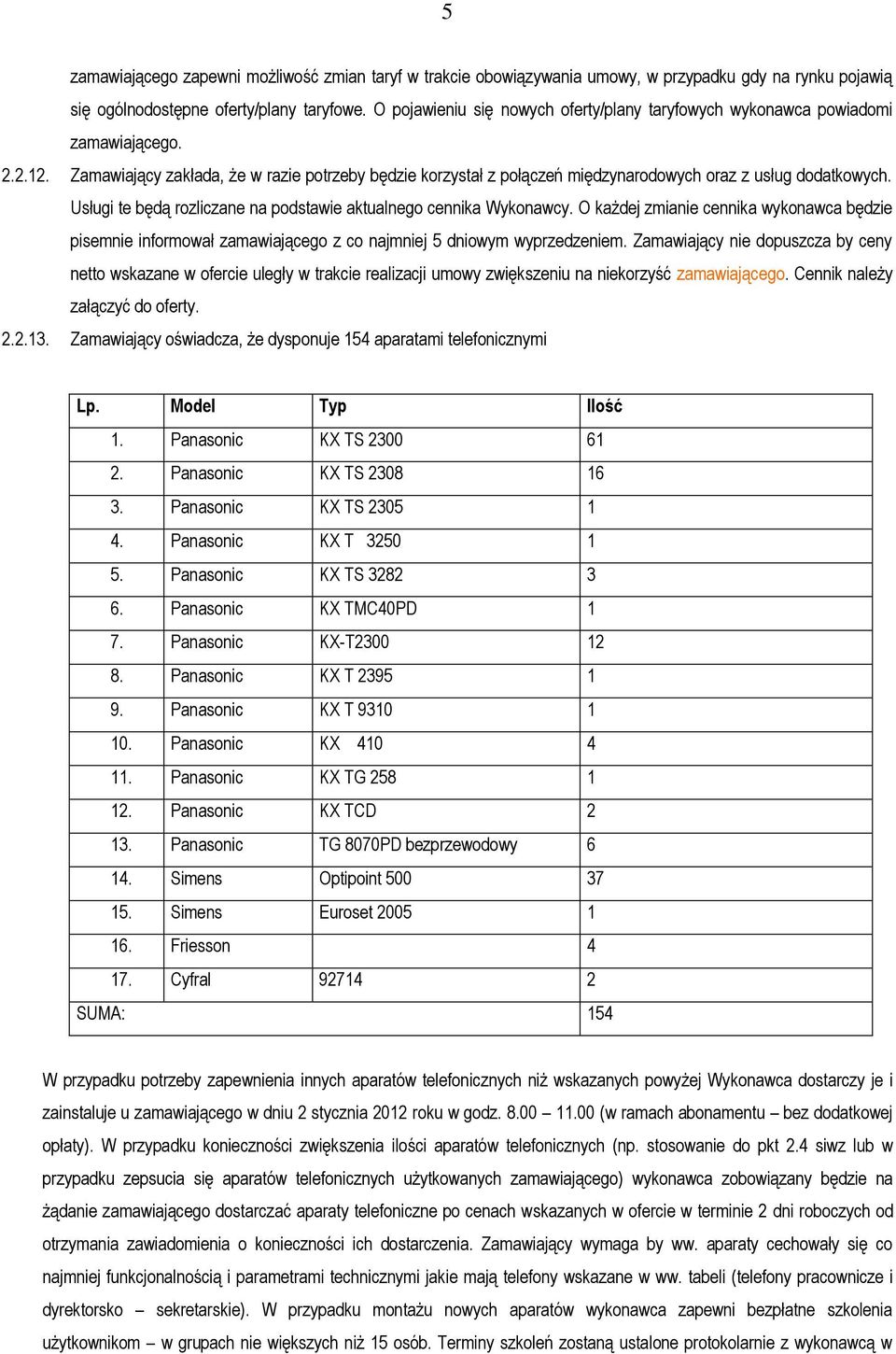 Zamawiający zakłada, że w razie potrzeby będzie korzystał z połączeń międzynarodowych oraz z usług dodatkowych. Usługi te będą rozliczane na podstawie aktualnego cennika Wykonawcy.