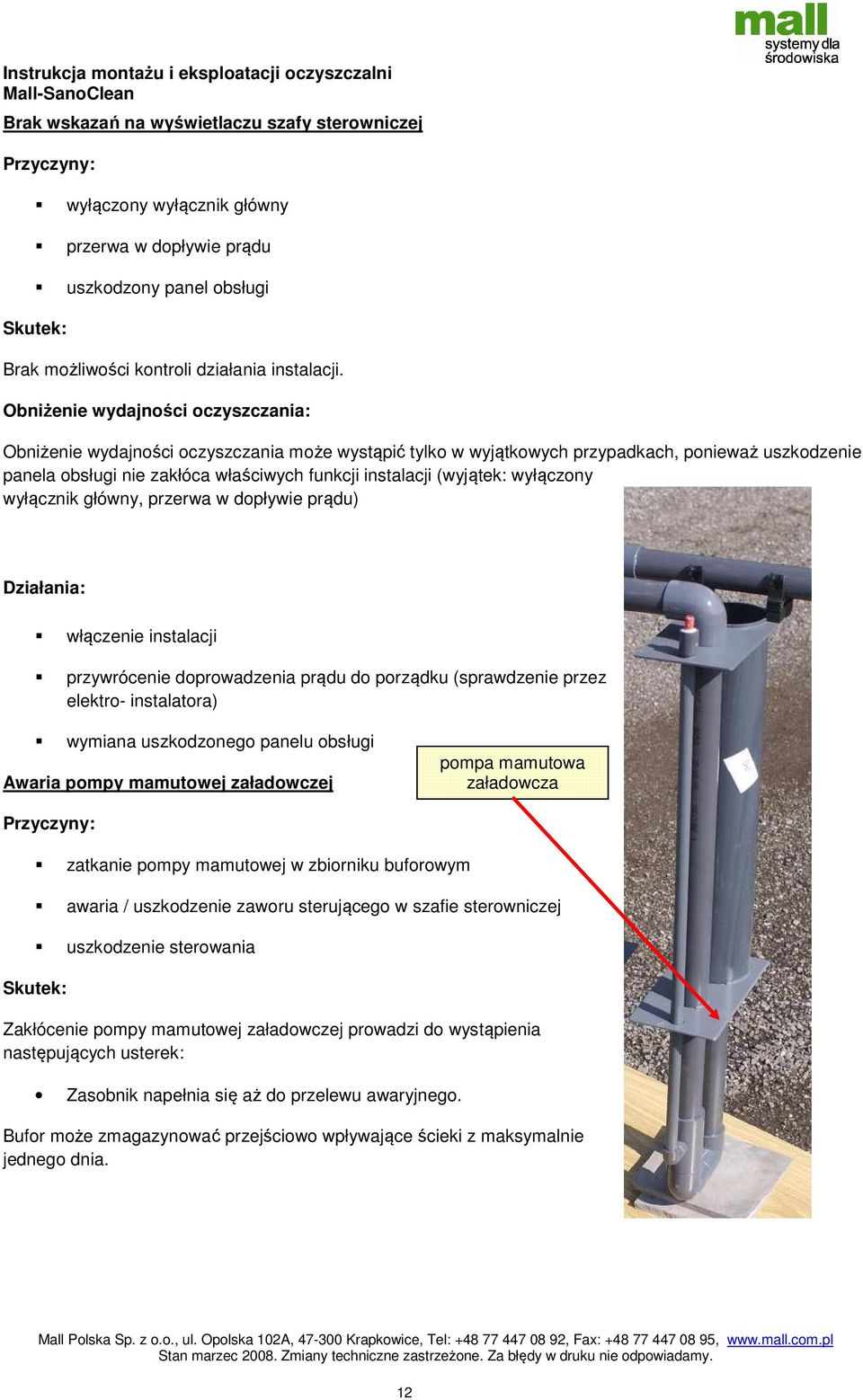 (wyjątek: wyłączony wyłącznik główny, przerwa w dopływie prądu) Działania: włączenie instalacji przywrócenie doprowadzenia prądu do porządku (sprawdzenie przez elektro- instalatora) wymiana