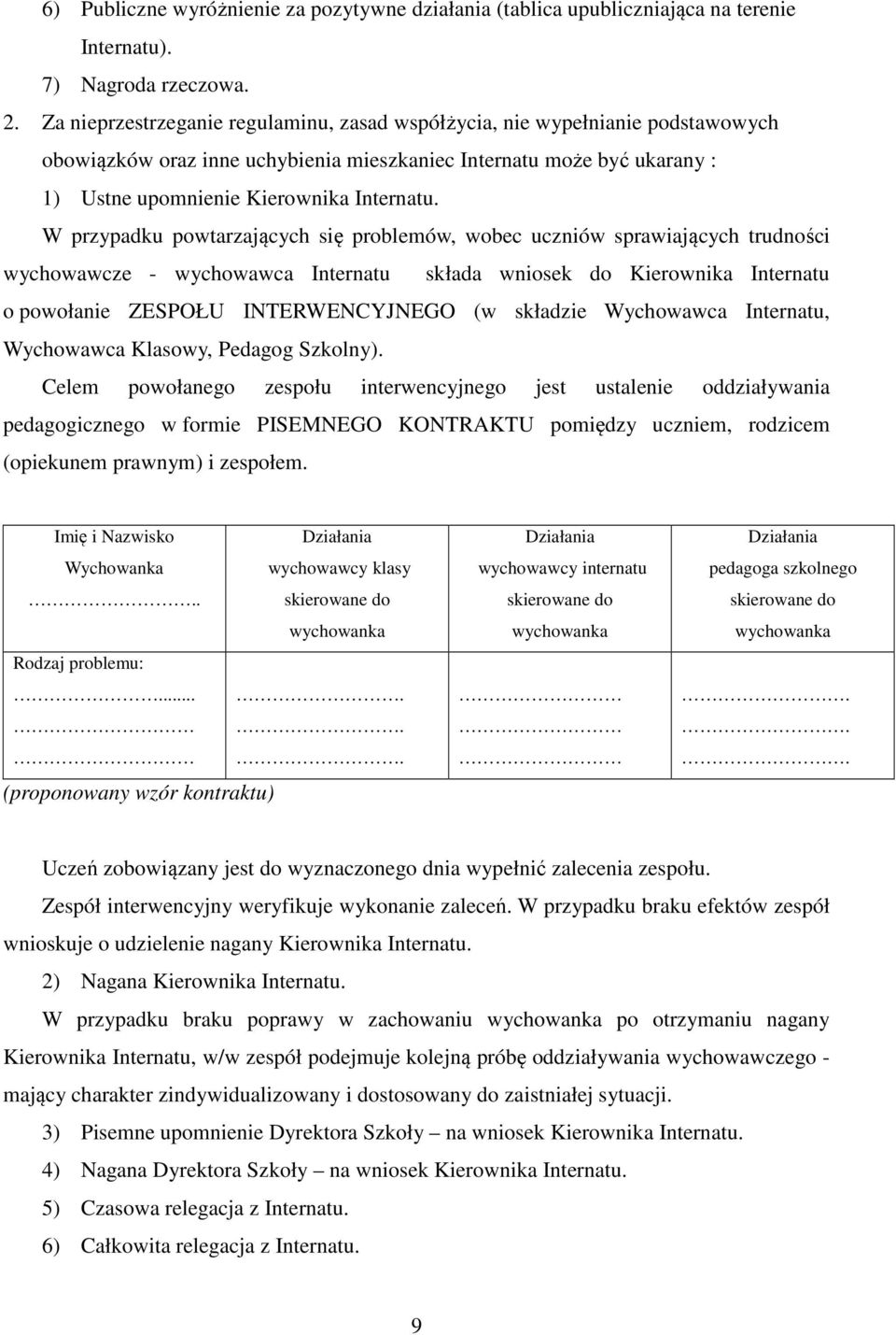 W przypadku powtarzających się problemów, wobec uczniów sprawiających trudności wychowawcze - wychowawca Internatu składa wniosek do Kierownika Internatu o powołanie ZESPOŁU INTERWENCYJNEGO (w