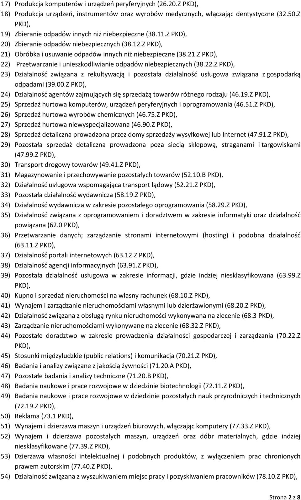 22.Z PKD), 23) Działalność związana z rekultywacją i pozostała działalność usługowa związana z gospodarką odpadami (39.00.