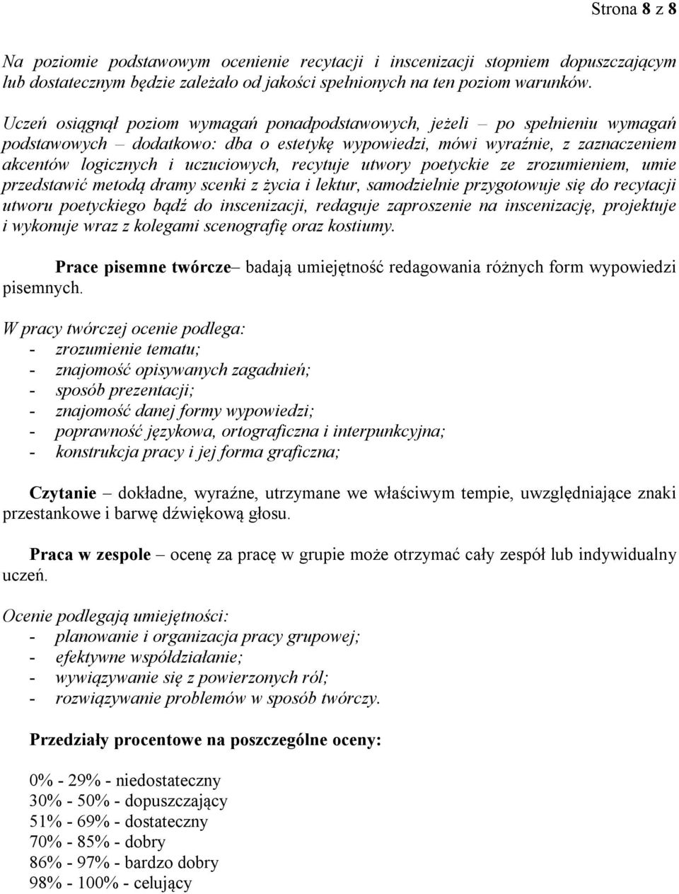 recytuje utwory poetyckie ze zrozumieniem, umie przedstawić metodą dramy scenki z życia i lektur, samodzielnie przygotowuje się do recytacji utworu poetyckiego bądź do inscenizacji, redaguje