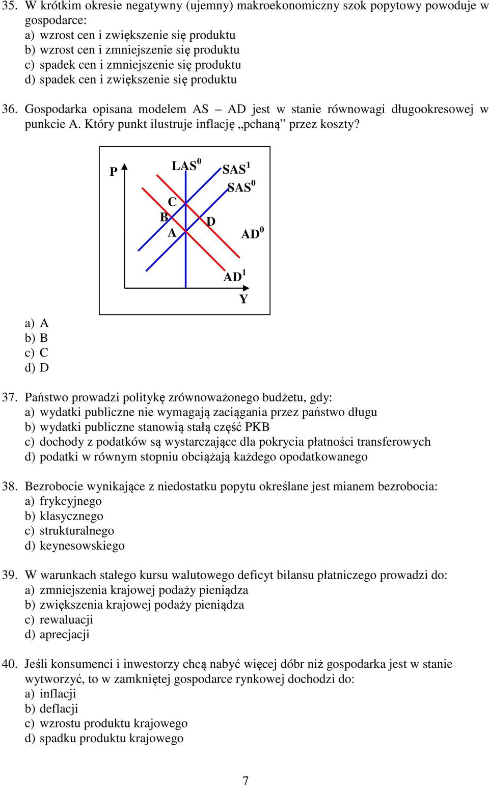 Który punkt ilustruje inflację pchaną przez koszty? C B LS 0 SS 1 SS 0 0 a) b) B c) C d) 1 37.