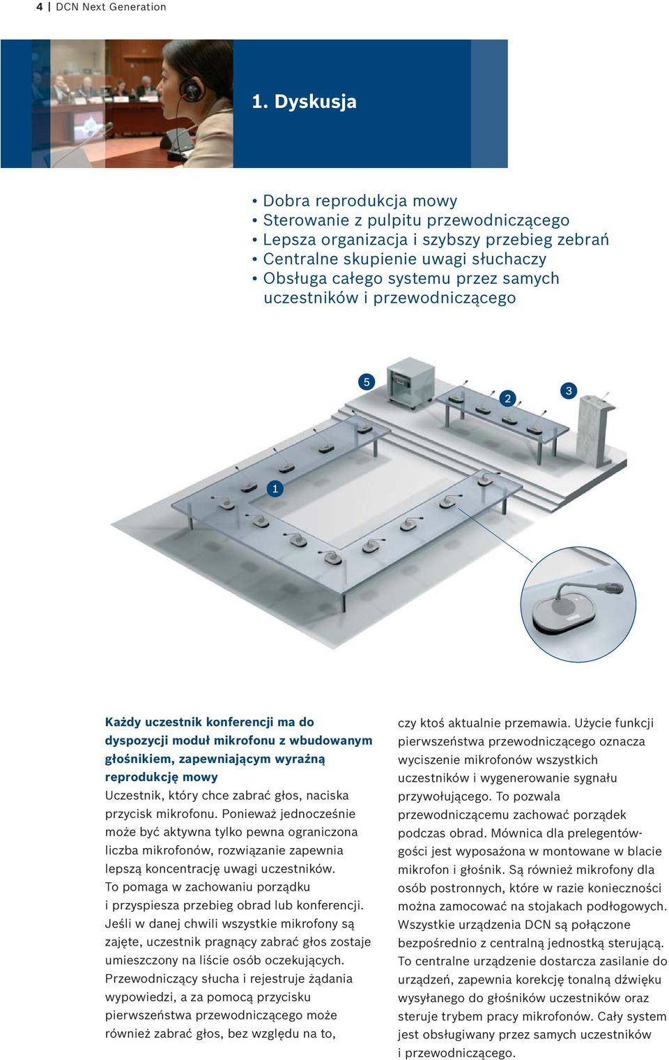 i przewodniczącego Każdy uczestnik konferencji ma do dyspozycji moduł mikrofonu z wbudowanym głośnikiem, zapewniającym wyraźną reprodukcję mowy Uczestnik, który chce zabrać głos, naciska przycisk