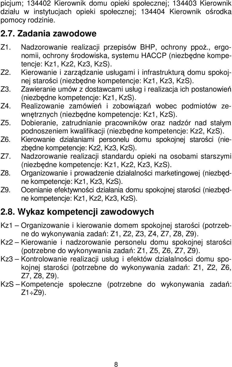 Kierowanie i zarządzanie usługami i infrastrukturą domu spokojnej starości (niezbędne kompetencje: Kz1, Kz3, KzS). Z3.